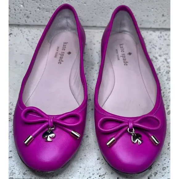 Kate Spade Pink Leather Ballet Flats Willia Bow Gold Spade Charm Shoes Sz 5.5 - Picture 1 of 13